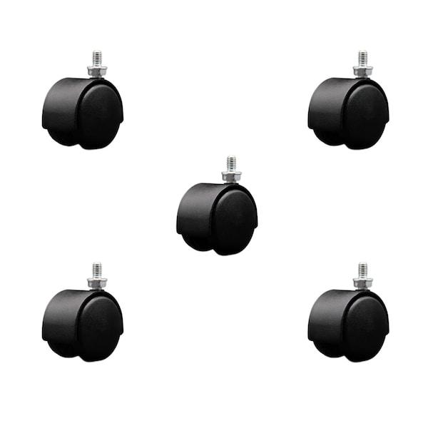 2'' Black Metal Hood Twin Wheel Caster Nylon Wheels 5/16 Thread Stem, 5PK